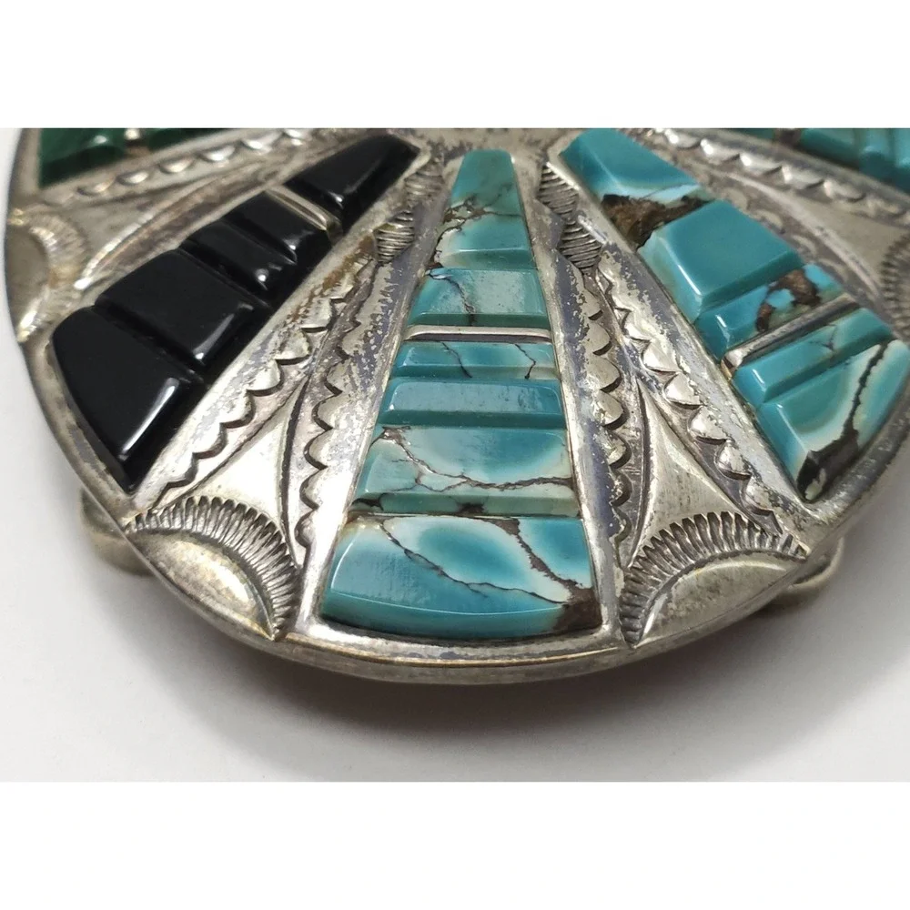 Danny Clark Sterling Silver Belt Buckle Navajo NA Turquoise Handmade Stamped 53g